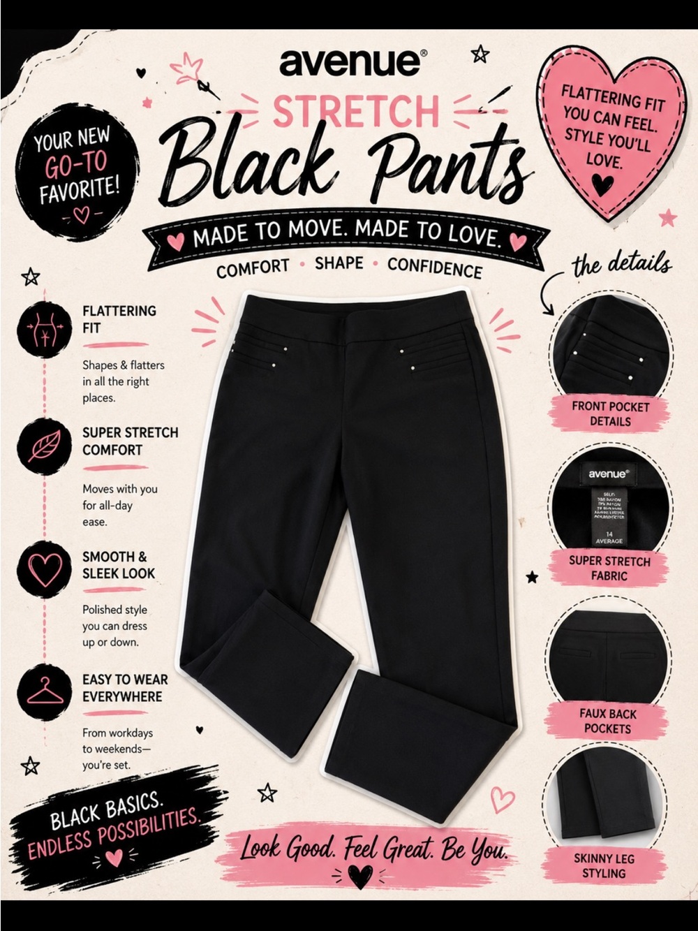 Avenue Black Skinny Pants with Pocket Detail.   Size 14Average